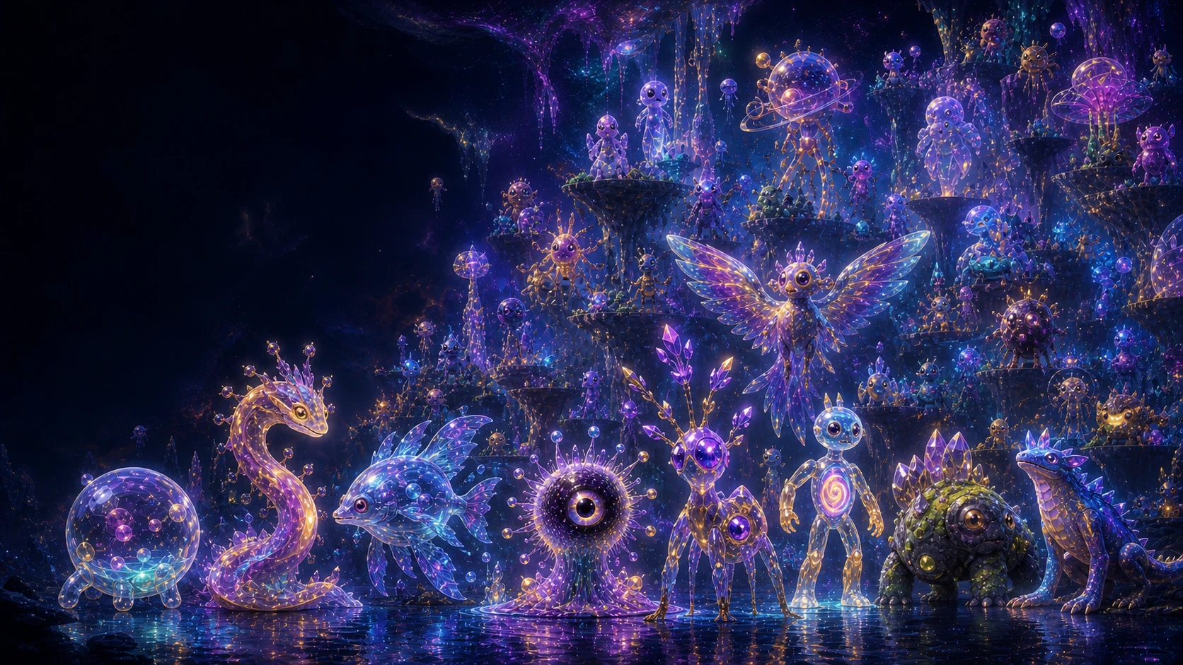 Mythical Void artwork showing luminous alien creatures gathered in a purple cosmic forest